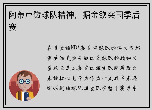 阿蒂卢赞球队精神，掘金欲突围季后赛